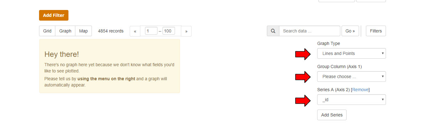 A screenshot of the section of the file description page that lets the user transform the contents of the file from spreadsheet to graph to map. The graph button has been selected and there is a message instructing the user to fill out the form at the right to specify the type of graph, along with axes that they want.